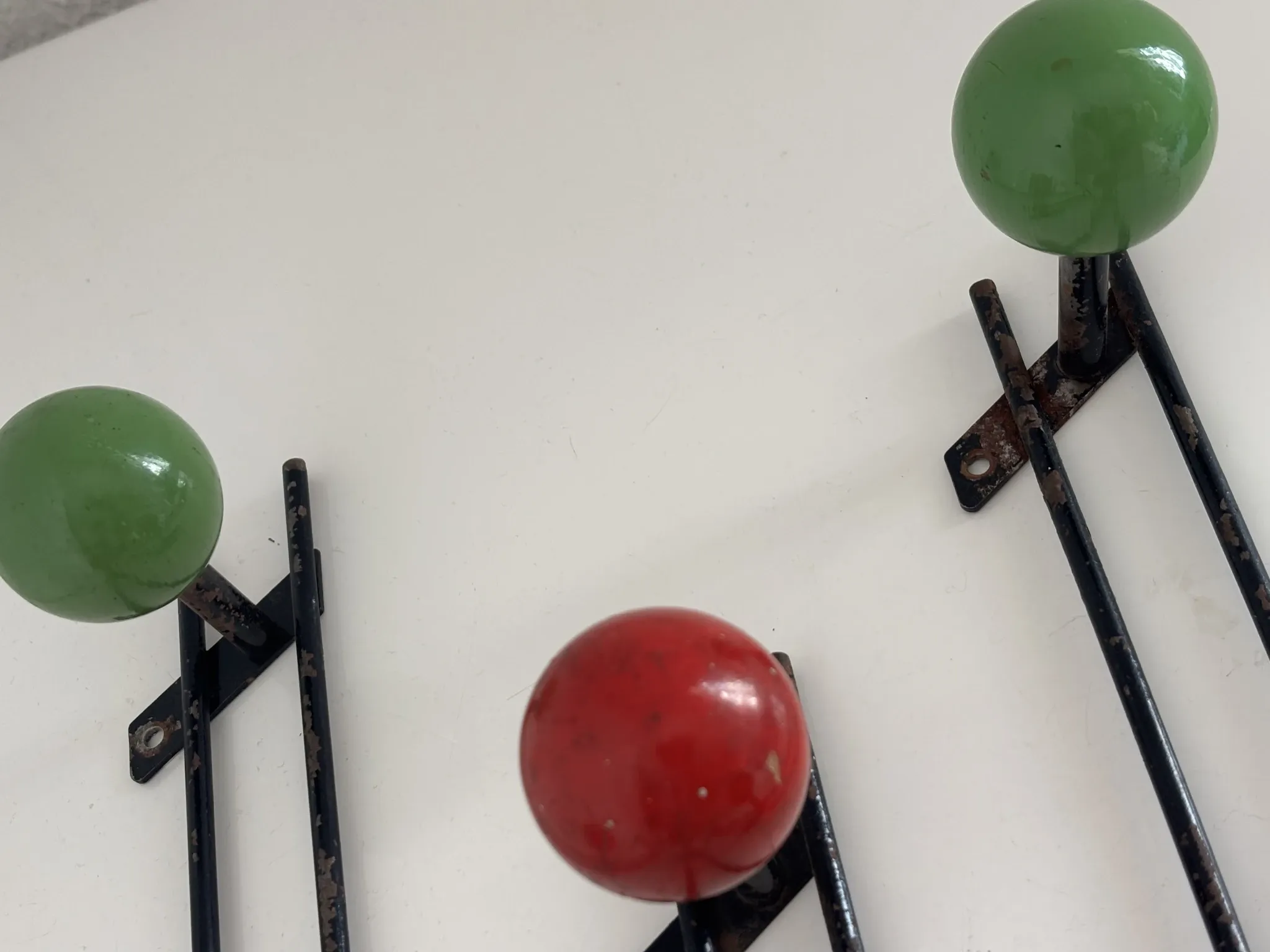 Vintage 1960s tricolour coat rack trio with 3 ball hooks - 45 x 6 / 2