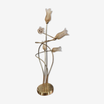 Table lamp with 5 golden metal stems, The orange speckled tulips are made of glass paste