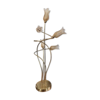 Table lamp with 5 golden metal stems, The orange speckled tulips are made of glass paste