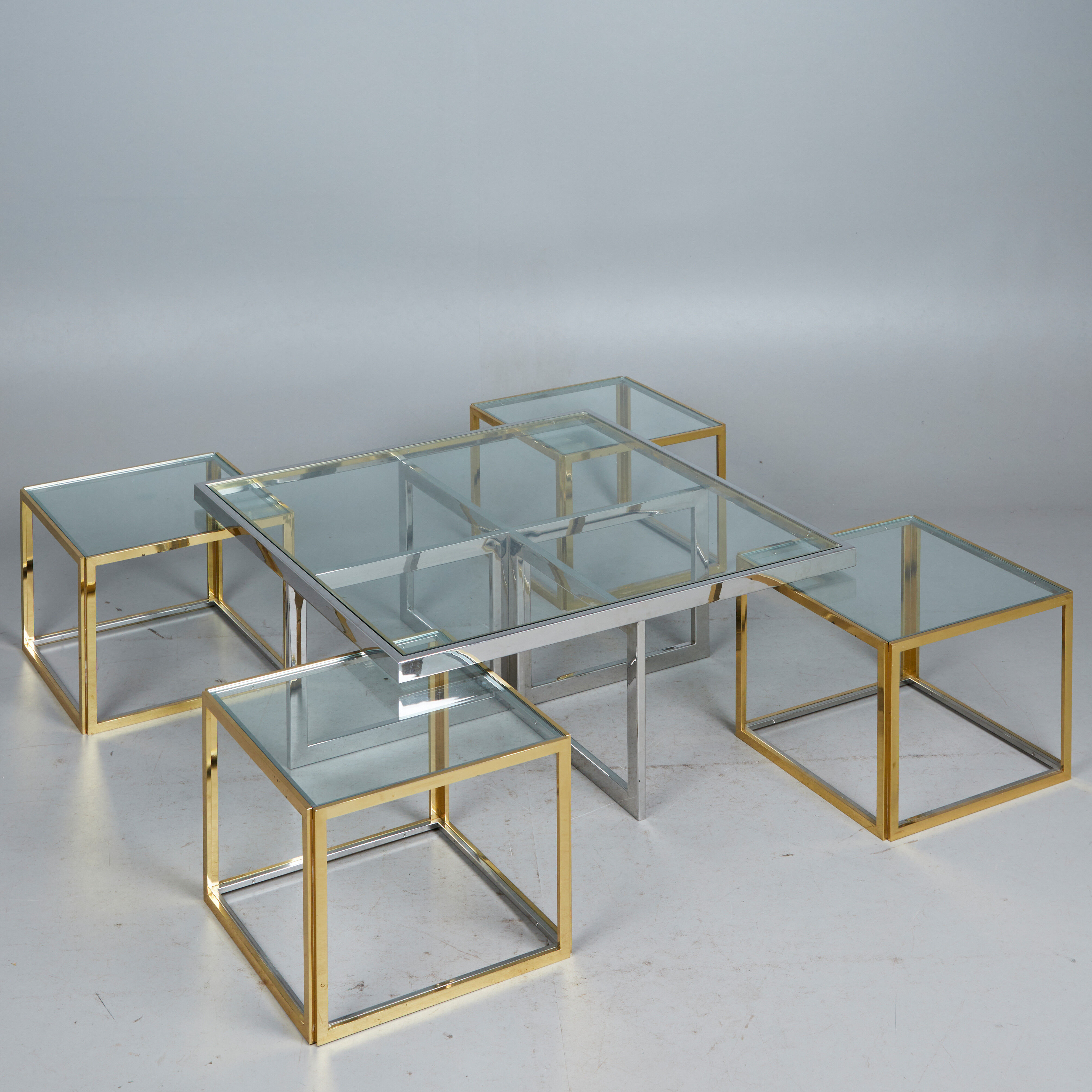 Brass and chrome coffee table with four nesting tables 1970