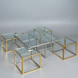 Brass and chrome coffee table with four nesting tables 1970
