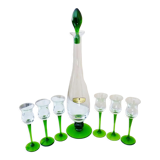 Liqueur set, blown glass, signed Portieux, 1 carafe & 6 stemmed glasses