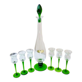 Service à liqueurs, verre soufflé, signé Portieux, 1 carafe & 6 verres sur pieds