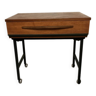 Teak bedside table on casters, vintage 60s end table