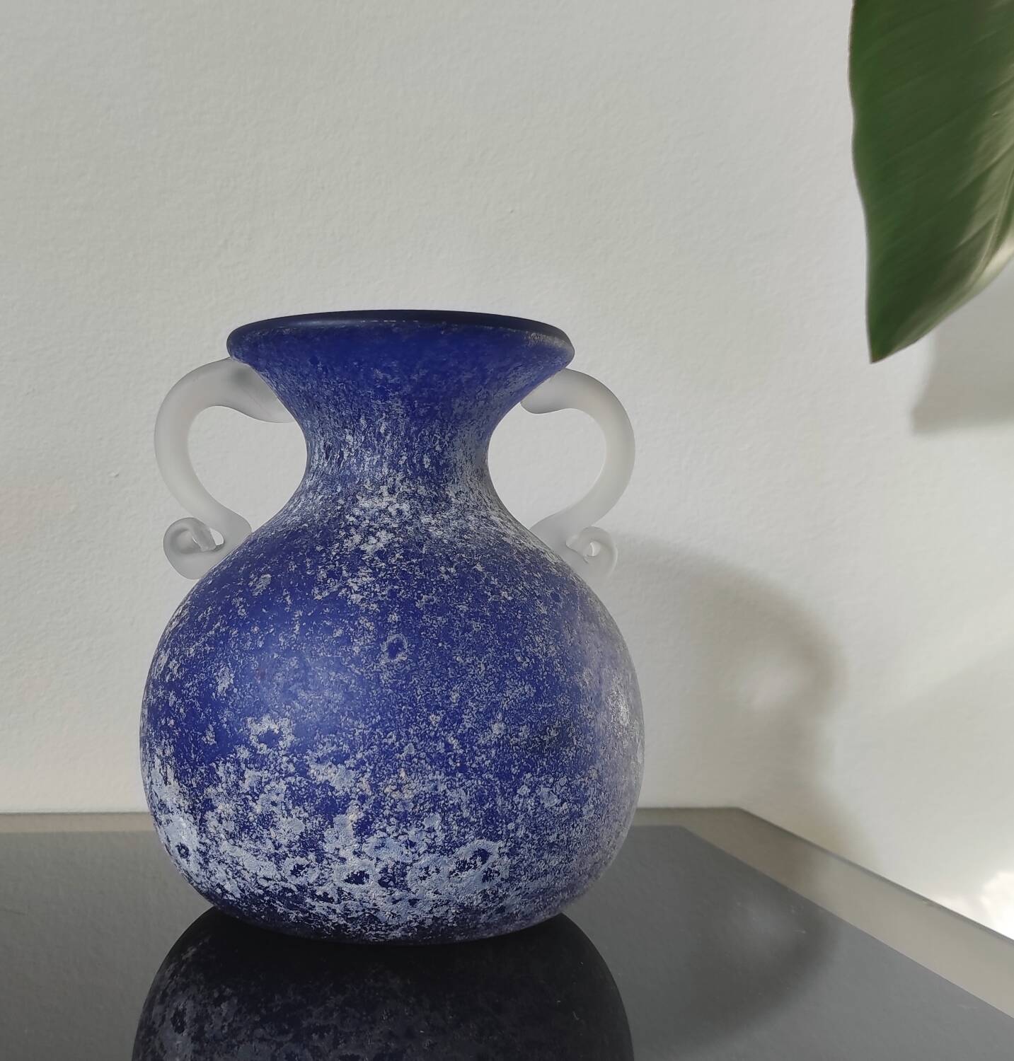 Vintage cobalt blue powdered glass amphora vase