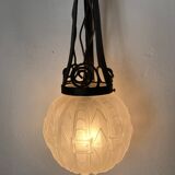 1930s Art Deco pendant light in frosted glass and wrought iron