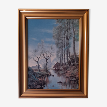 Tableau peinture paysage arbre et rivière, encadrement doré, signature à identifier