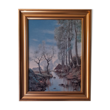 Painting landscape tree and river, golden frame, signature to identify