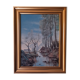 Painting landscape tree and river, golden frame, signature to identify