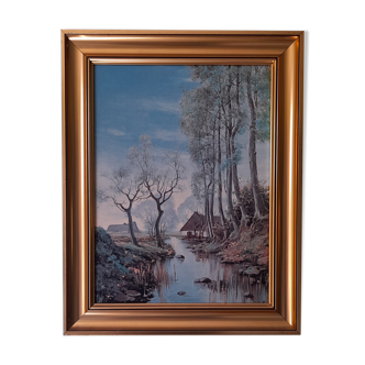 Painting landscape tree and river, golden frame, signature to identify