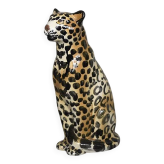Vintage Mid-Century Italian Modern Ceramic Sculpture of a Seating Leopard