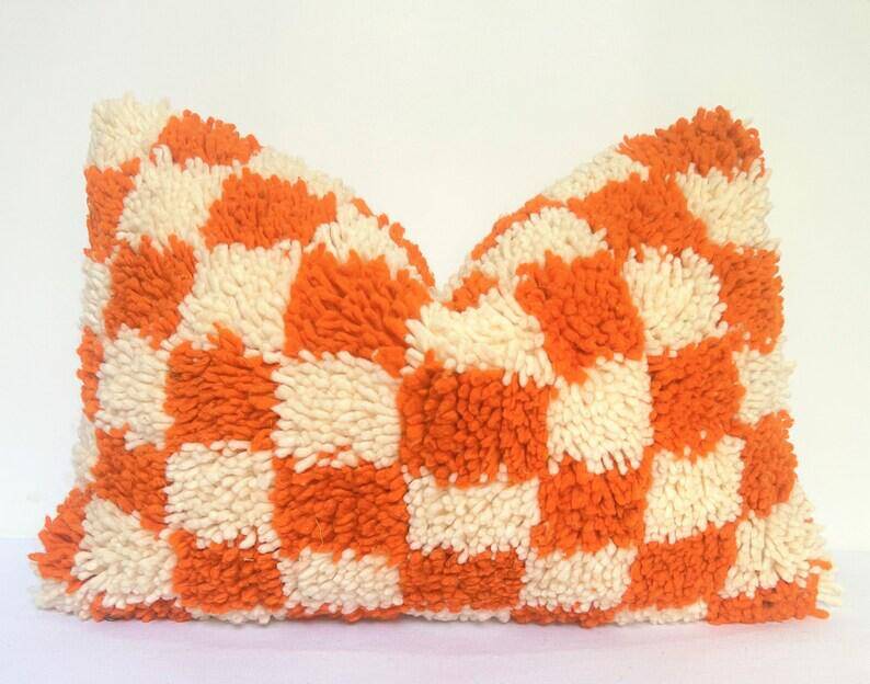 Orange Berber cushion for home decor Checkered pillow cover Moroccan cushion C