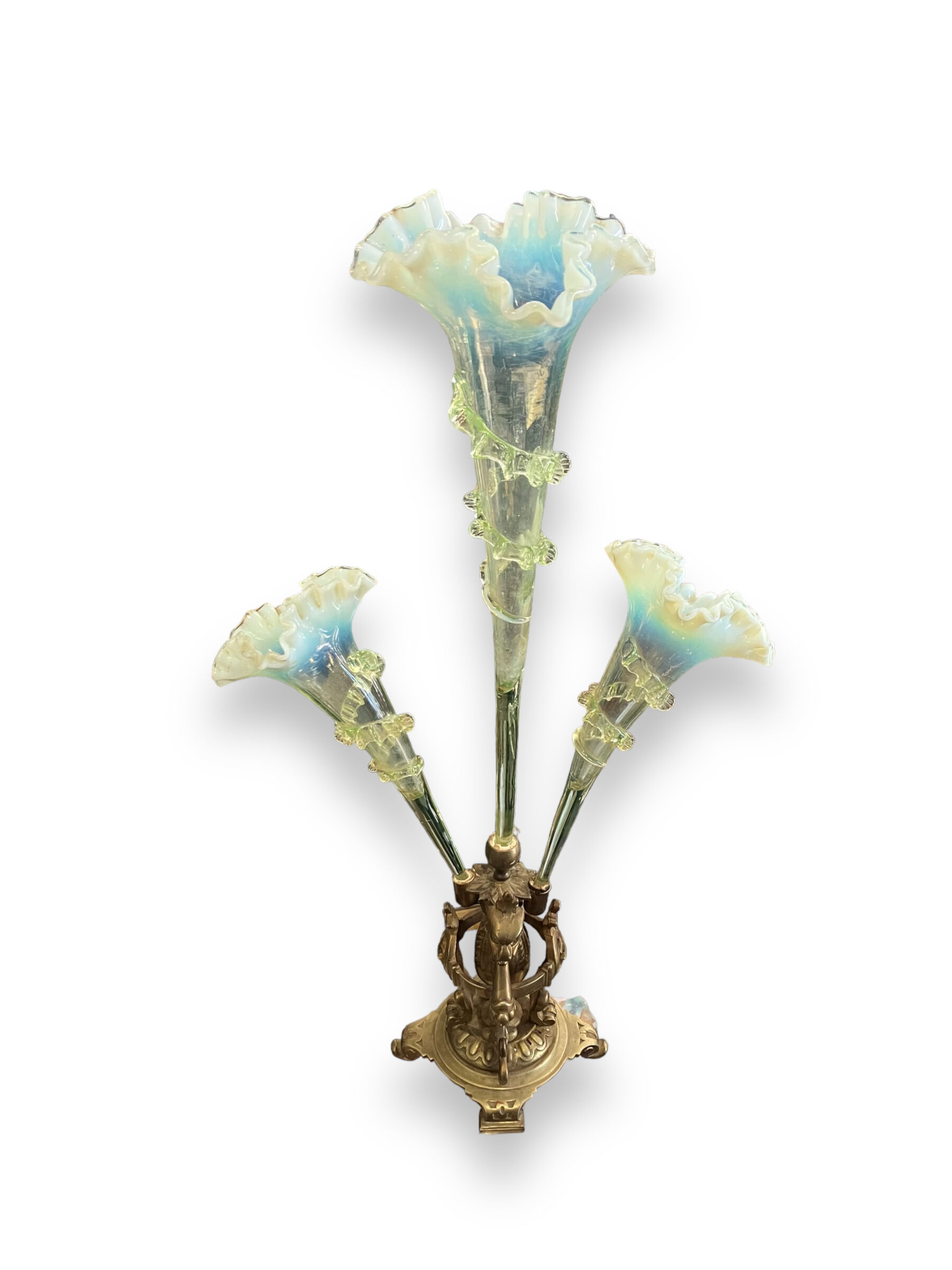 Tulip tree centerpiece in opalescent glass and bronze nineteenth