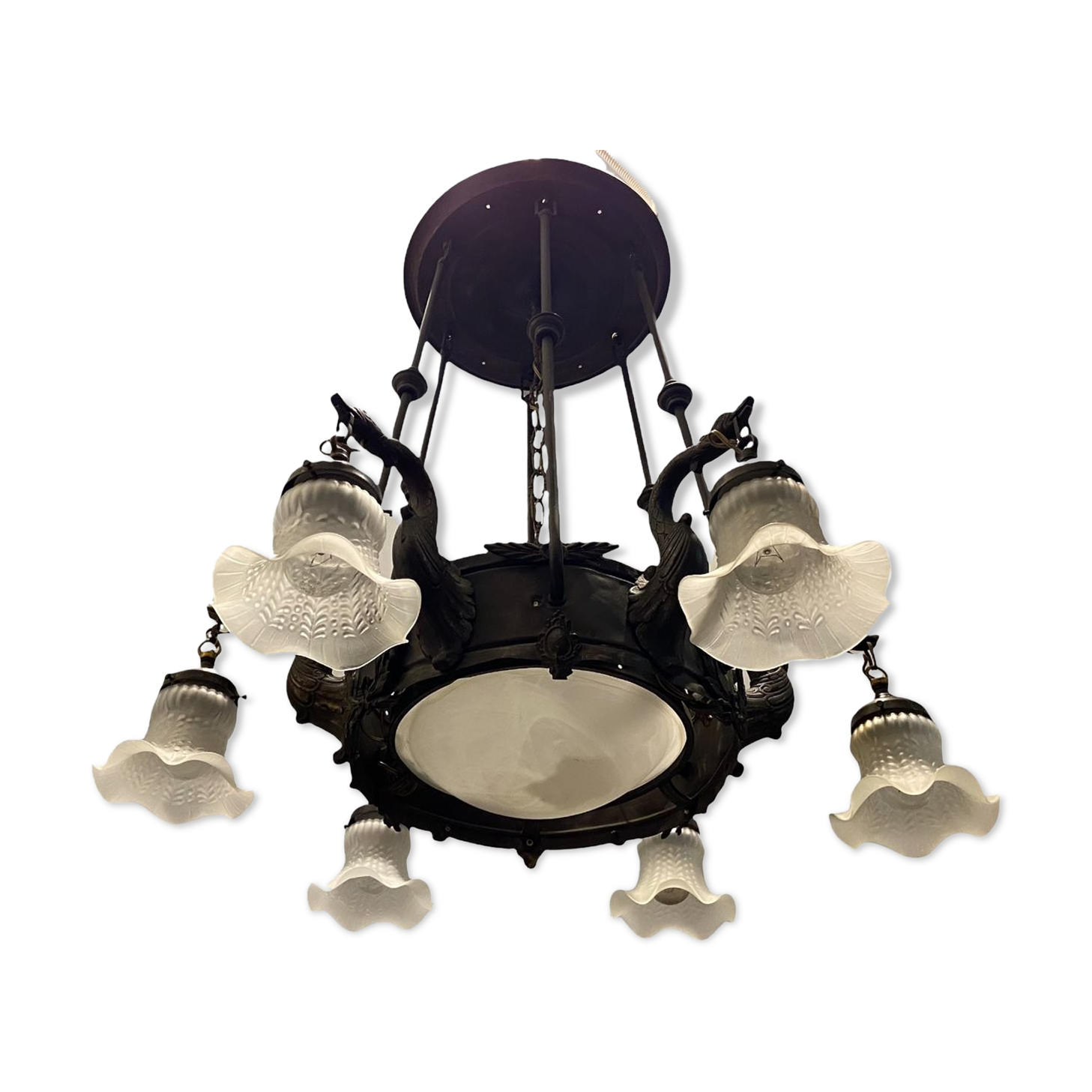 Antique italian liberty chandelier in bronze, 1940s