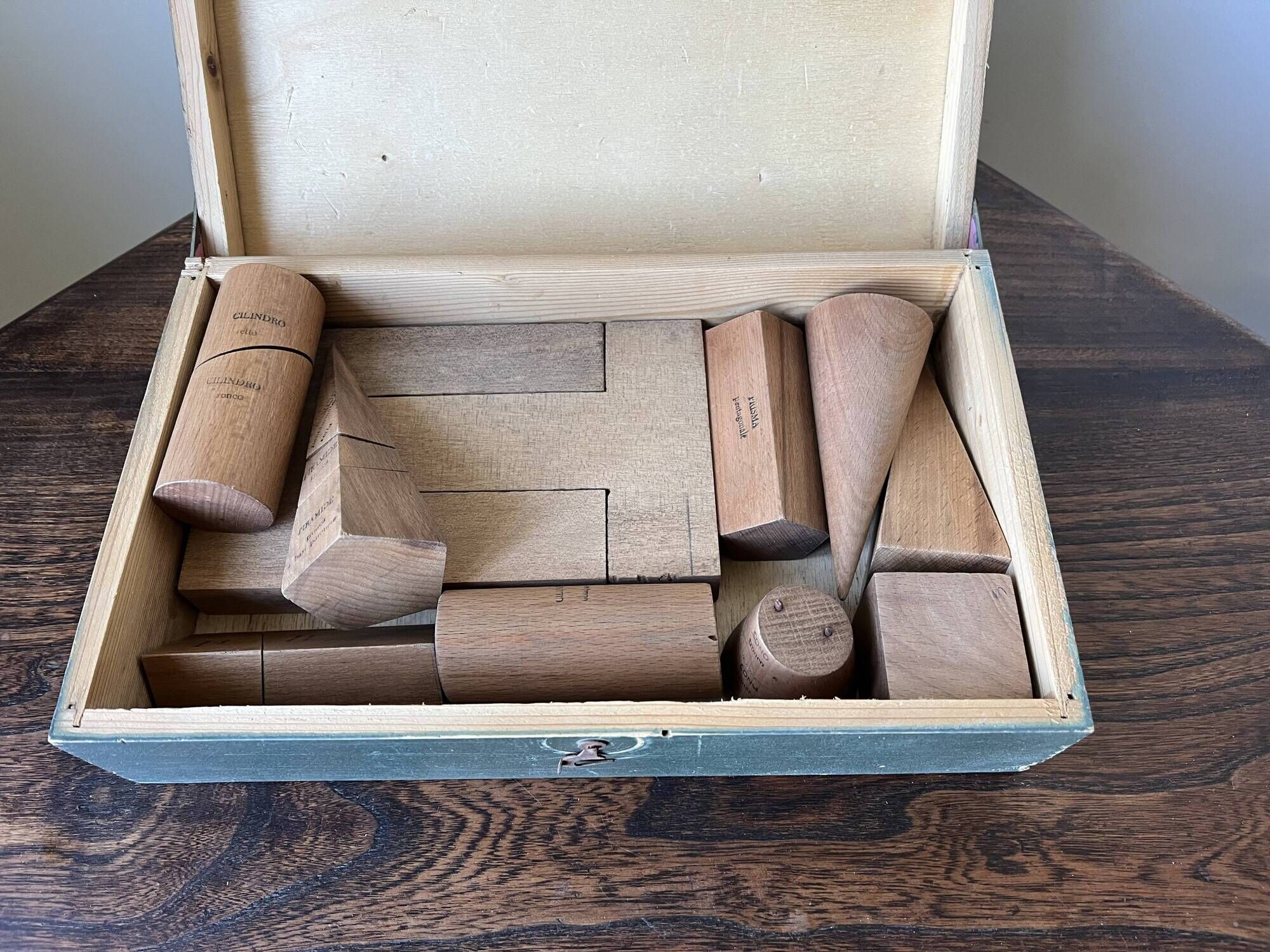 Vintage antique wooden geometric educational shapes. Italy, early 20th C