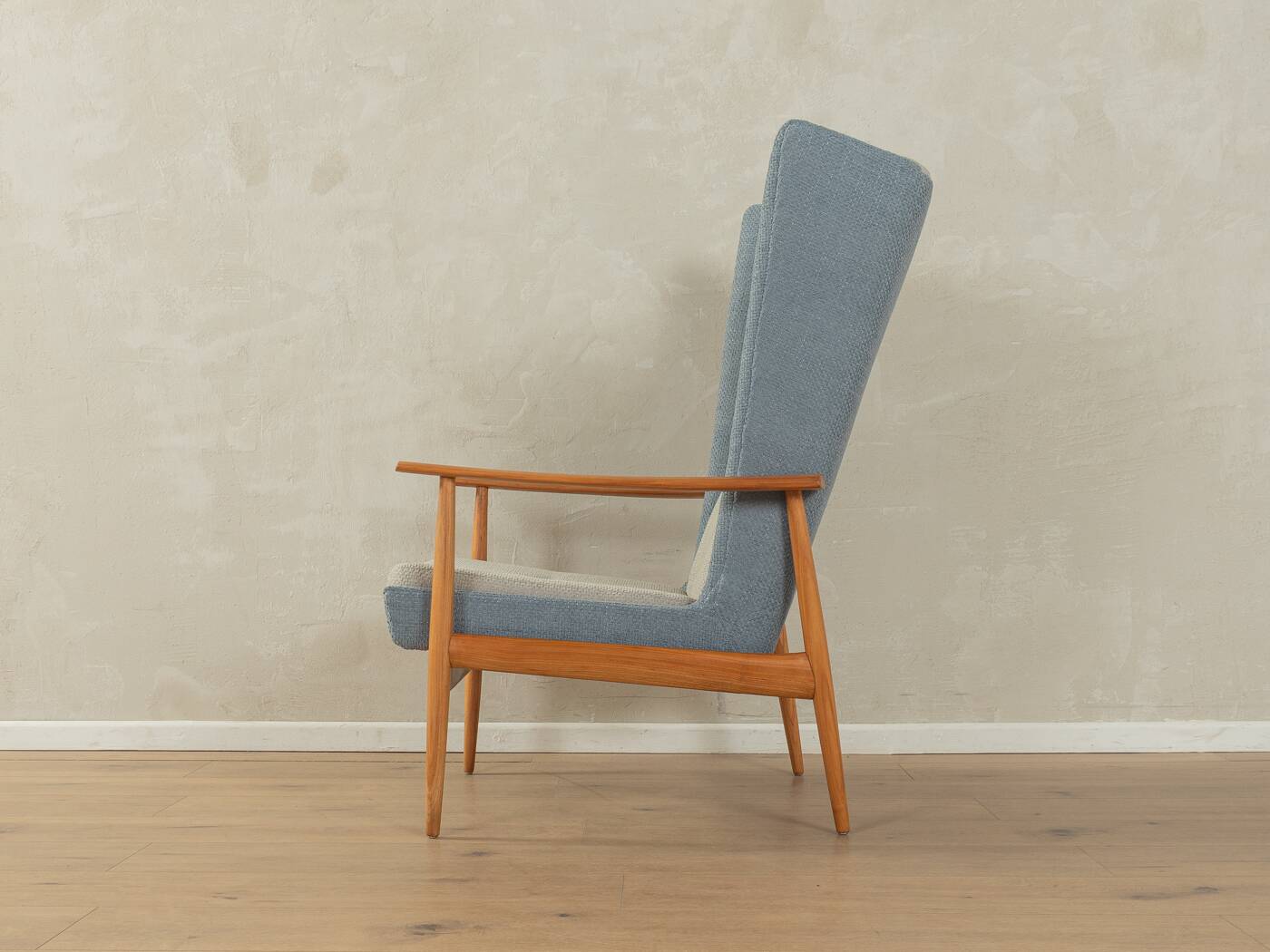 1950s wingback armchair in two-tone look, cherry wood, newly upholstered