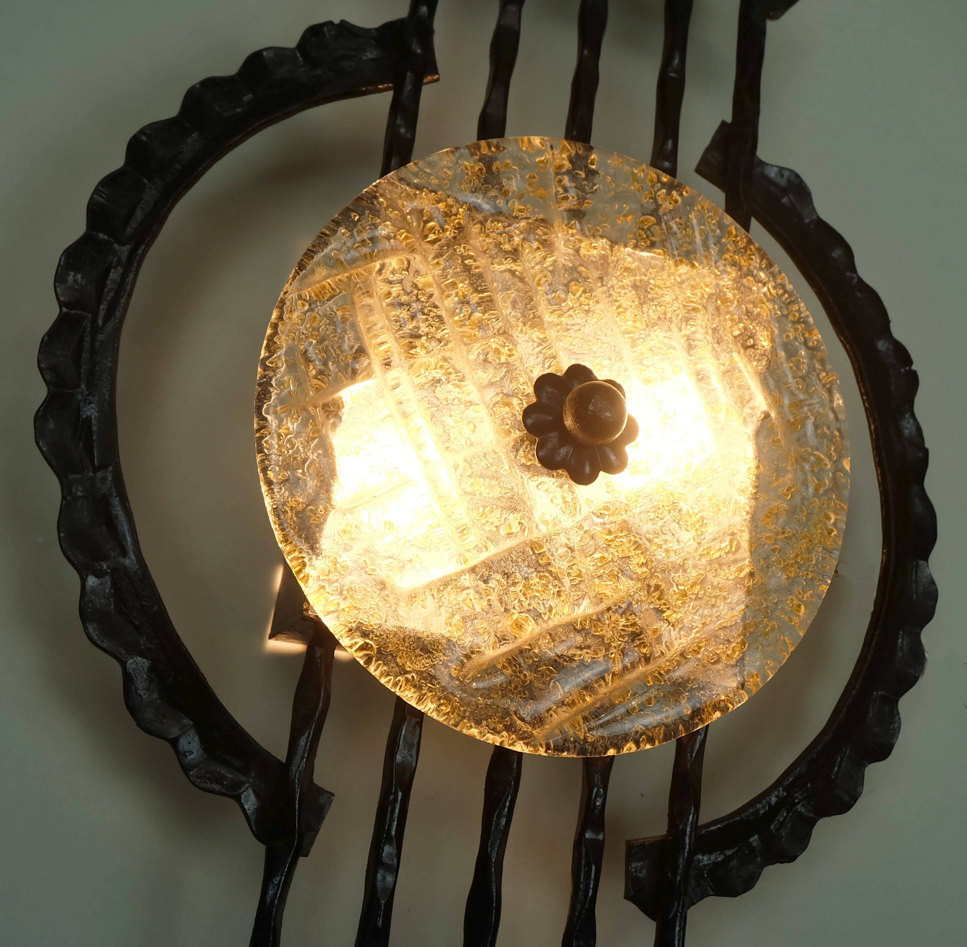 mid century brutalist style wrought iron and glass WALL LAMP sconce 60/70s