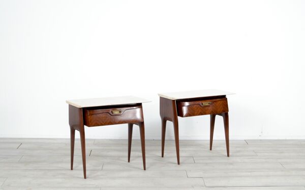 Ensemble De 2 Chevets Italiens En Palissandre Du milieu Du Siècle, Marbre De Carrare Et Laiton