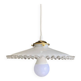 Old lampshade in white opaline glass with a wavy edge.