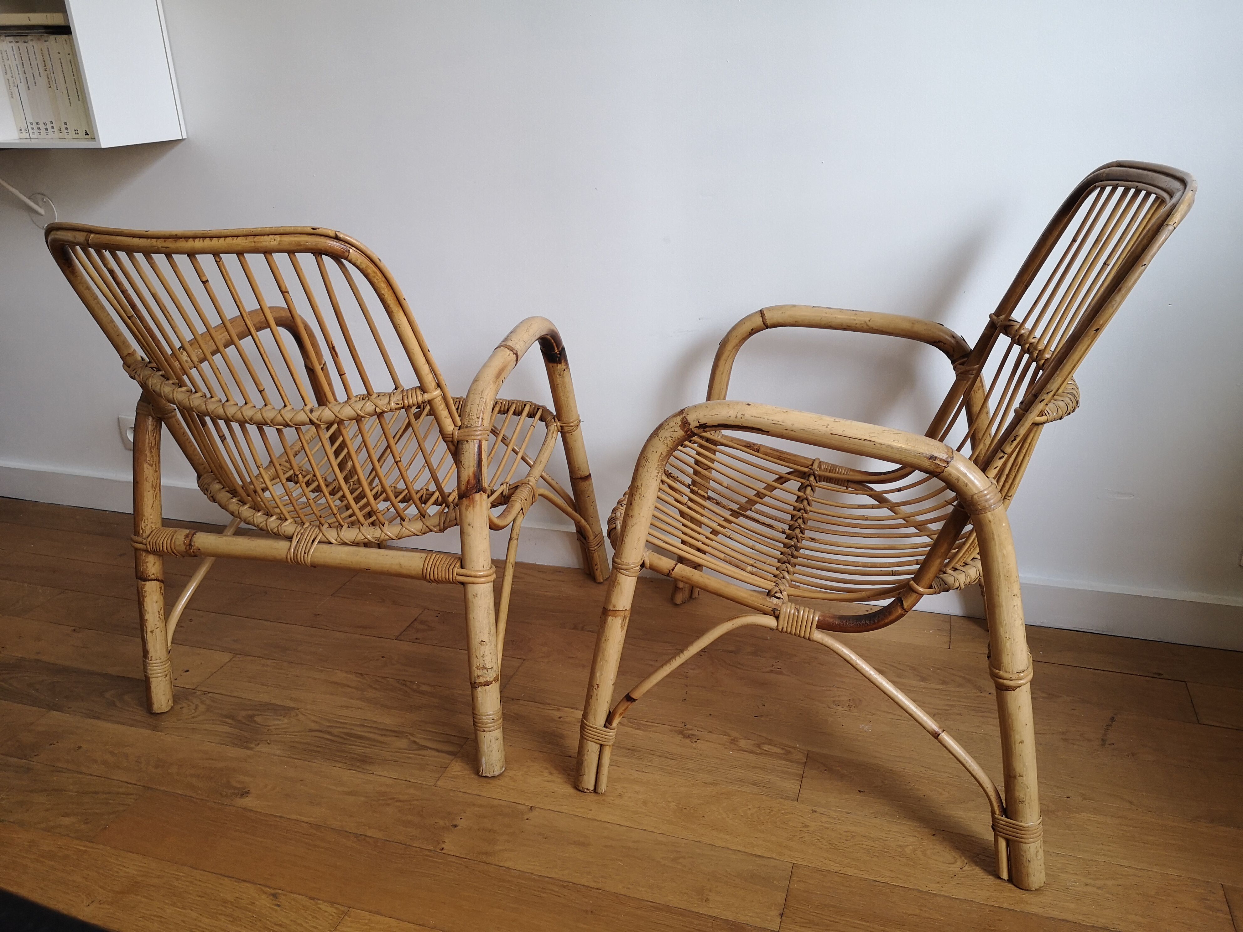 Pair of bamboo and rattan armchairs