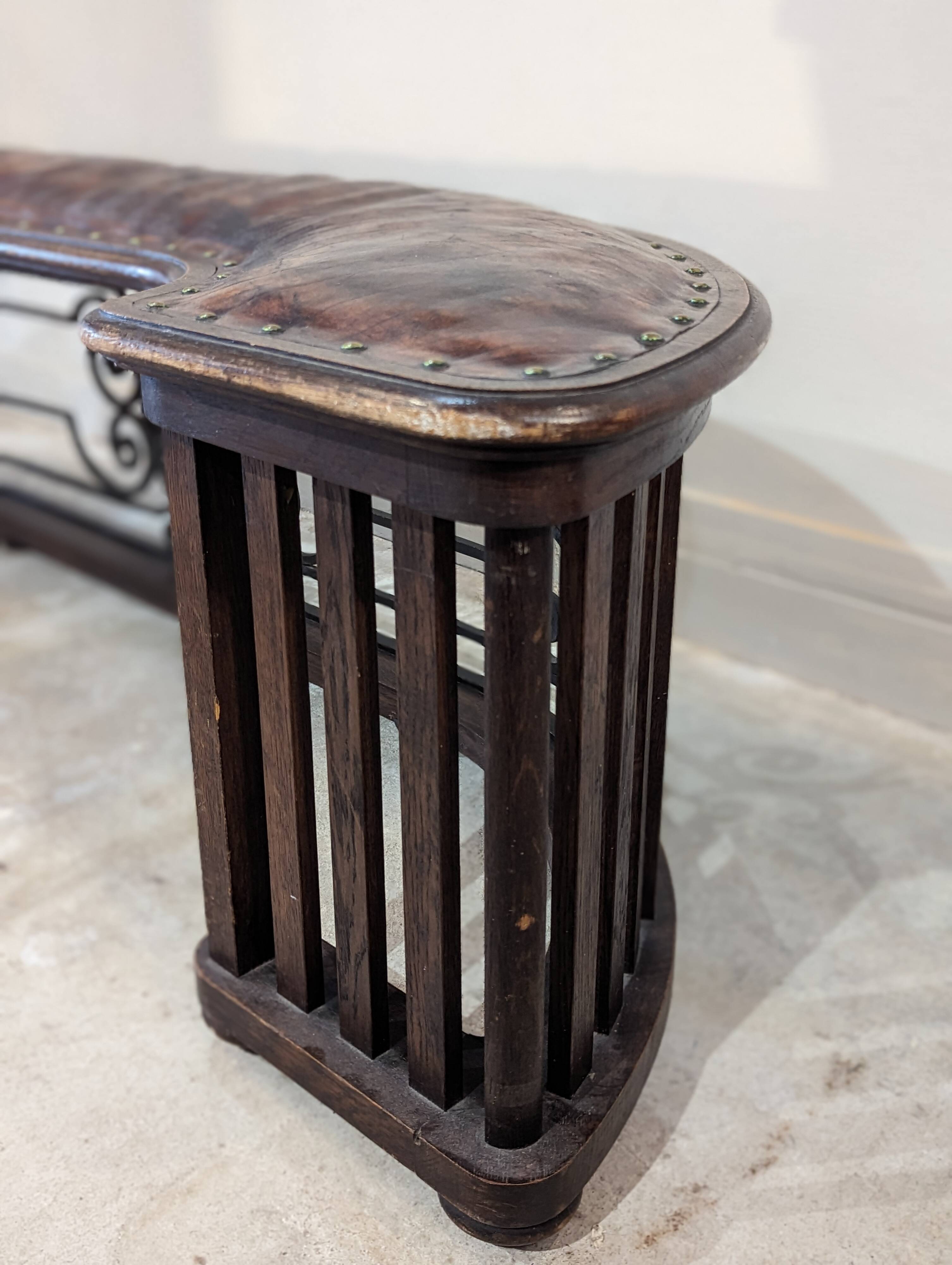 Old fireplace bench, wrought iron leather and oak