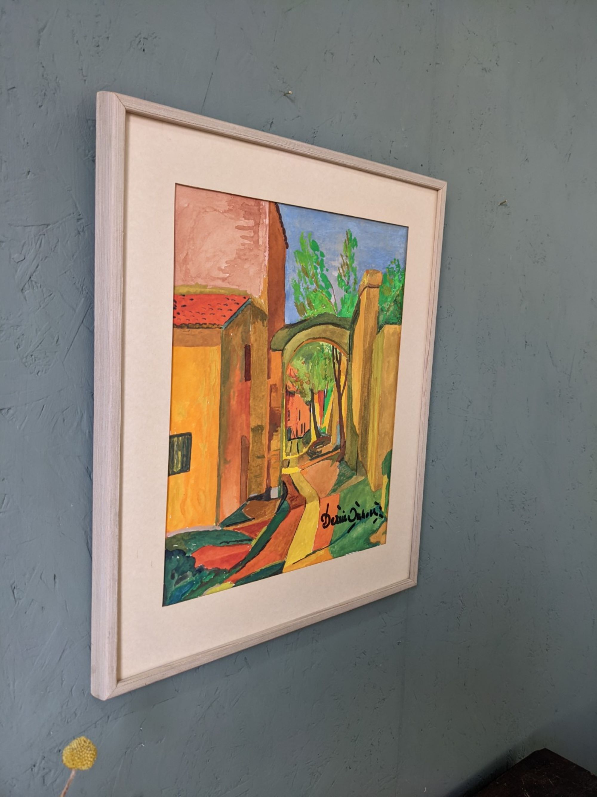 Mid-century modern swedish "the pathway" vintage framed watercolour