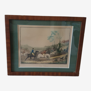 Framed lithograph on hunting theme
