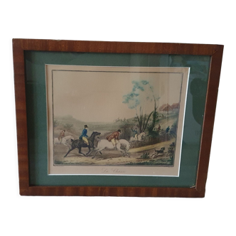 Framed lithograph on hunting theme