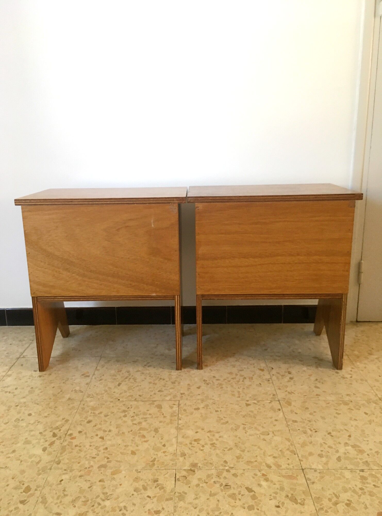 2 vintage bedside tables compass feet 50s
