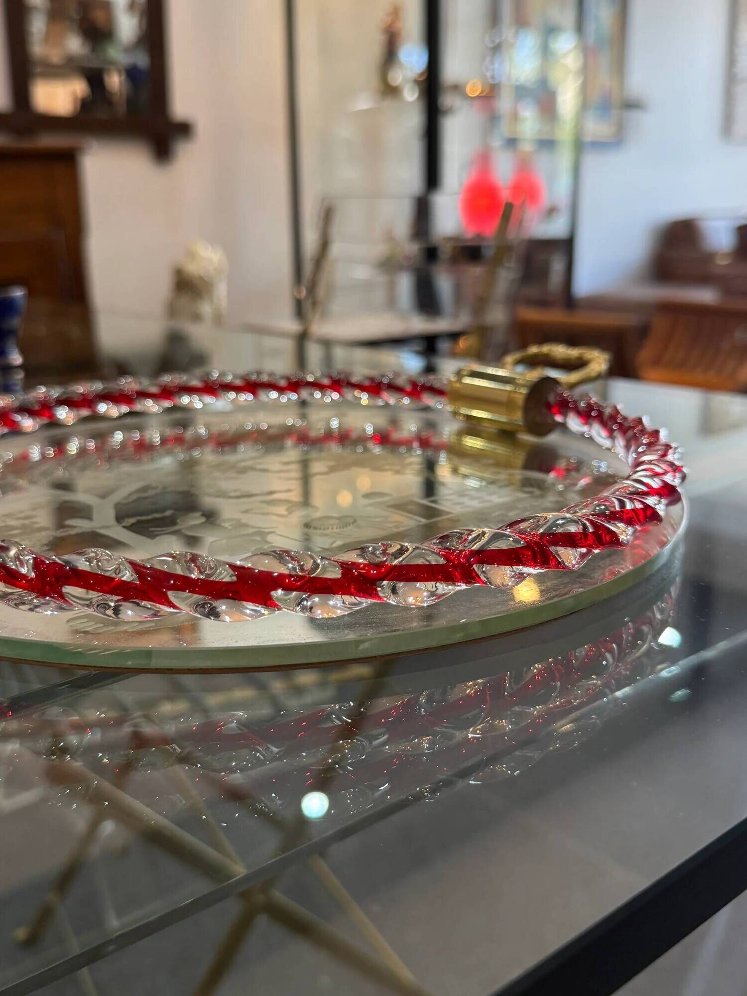Engraved mirror plateau with twisted red and white glass border, Murano / Venice (c. 1940–1950)