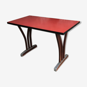 Table de bistrot rectangulaire - bois, métal et formica rouge - 1950