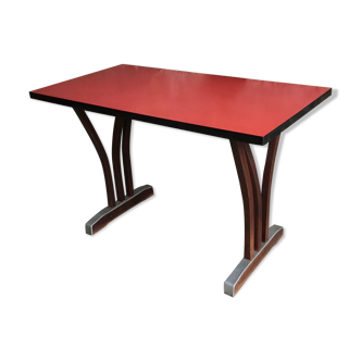 Table de bistrot rectangulaire - bois, métal et formica rouge - 1950