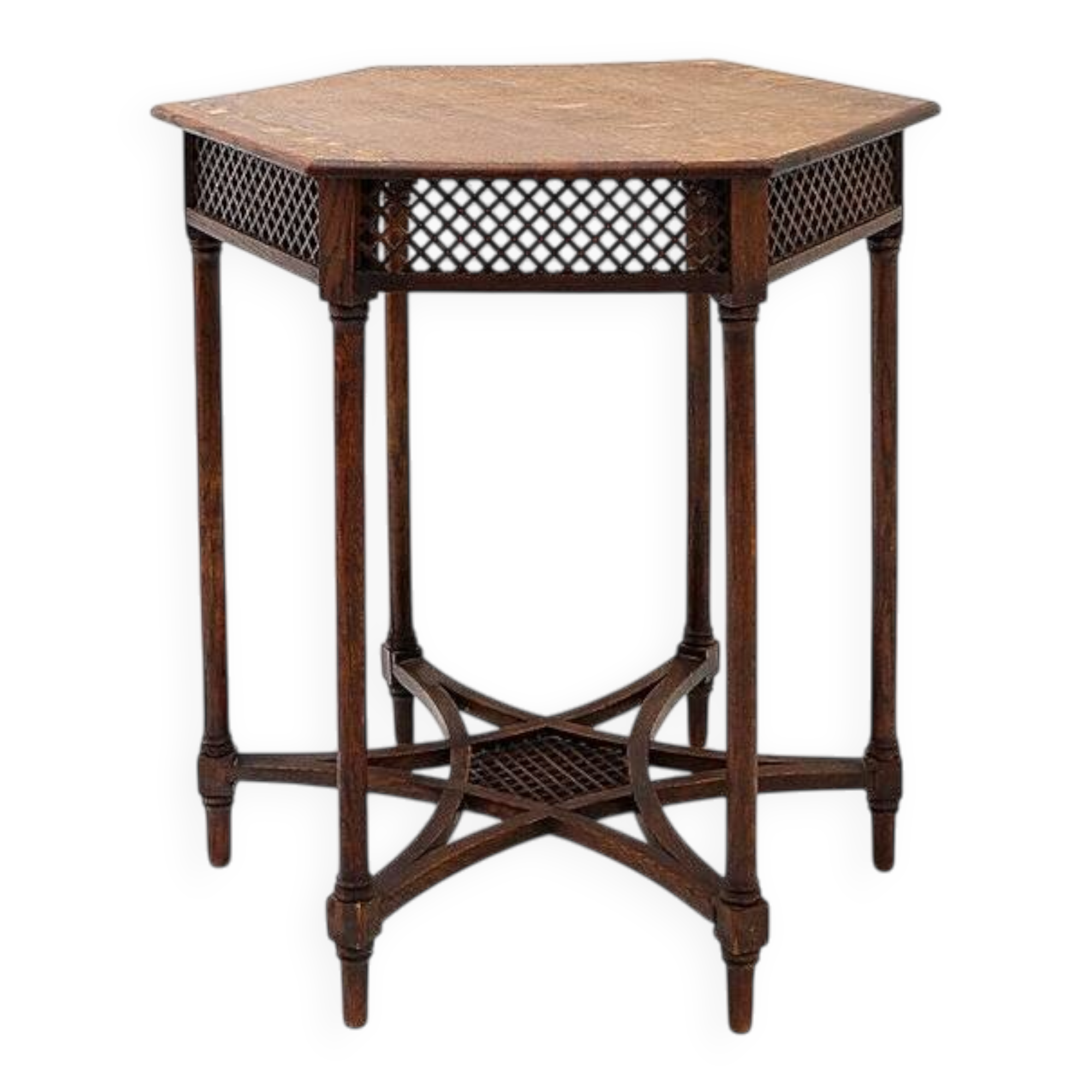Hexagonal pedestal table or side table with a lattice structure and star pattern.