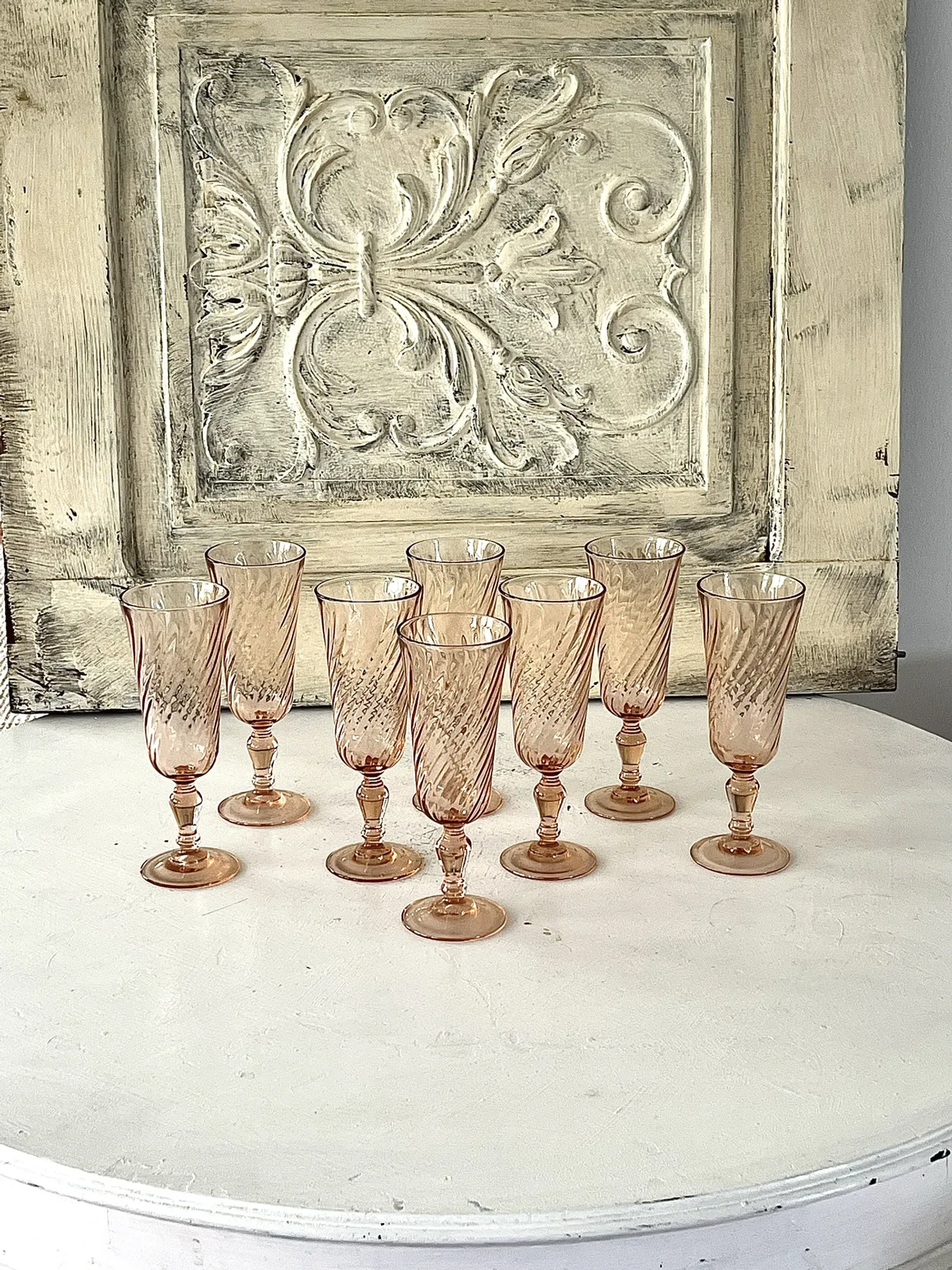 Champagne flutes pink set of 8, French swirl glass stemware rosaline
