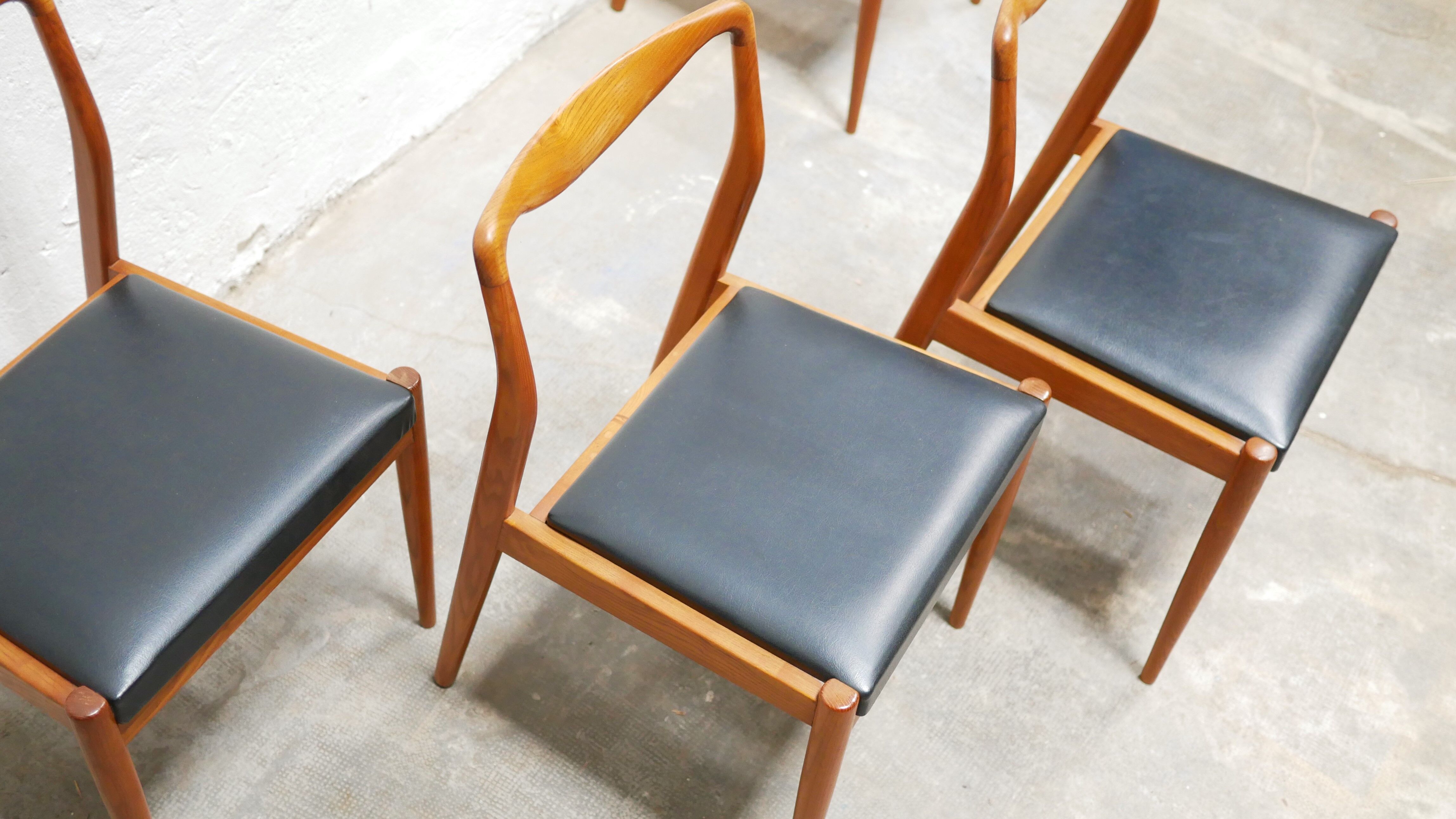 Series of 4 vintage Scandinavian chairs in teak and skaï
