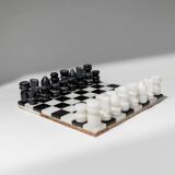 Vintage black-and-white marble chessboard with matching marble pieces, Italian 1960s design, sculptural centerpiece