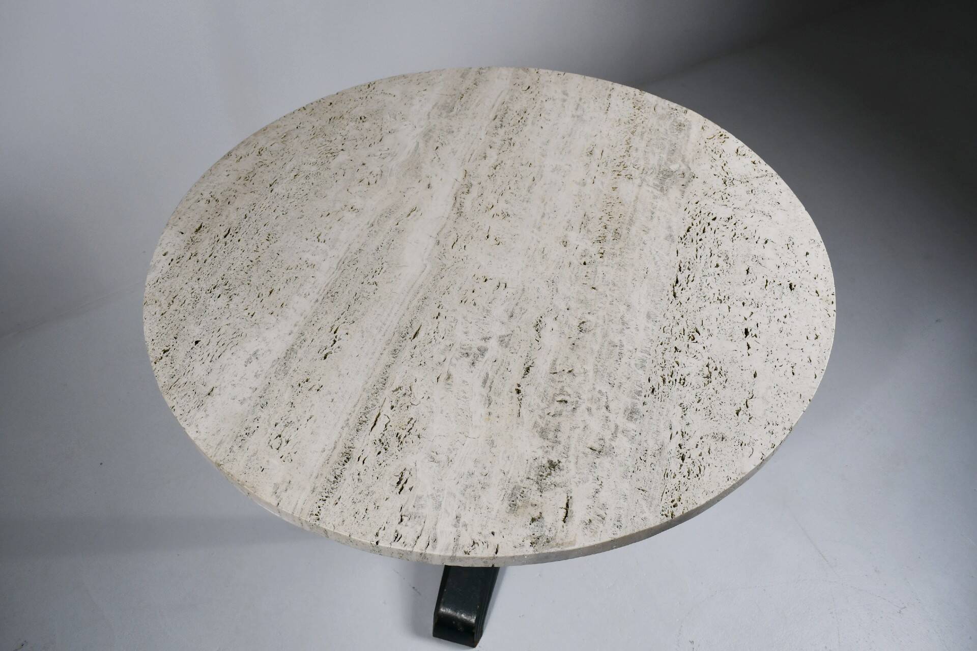 Vintage travertine bistro/dining table, solid metal base. (A)