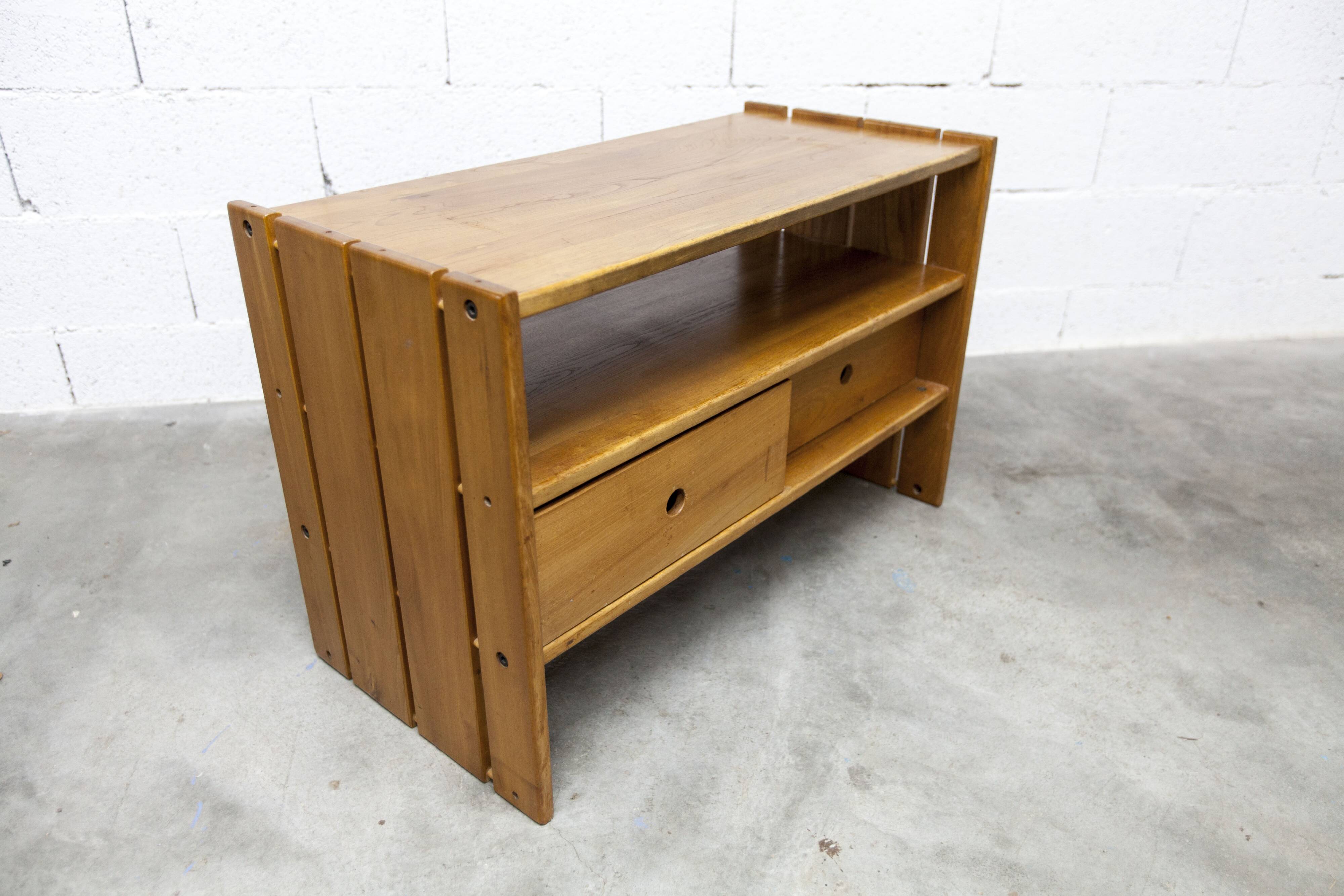 Low cabinet from Maison Regain, solid elm, circa 1960, with drawer