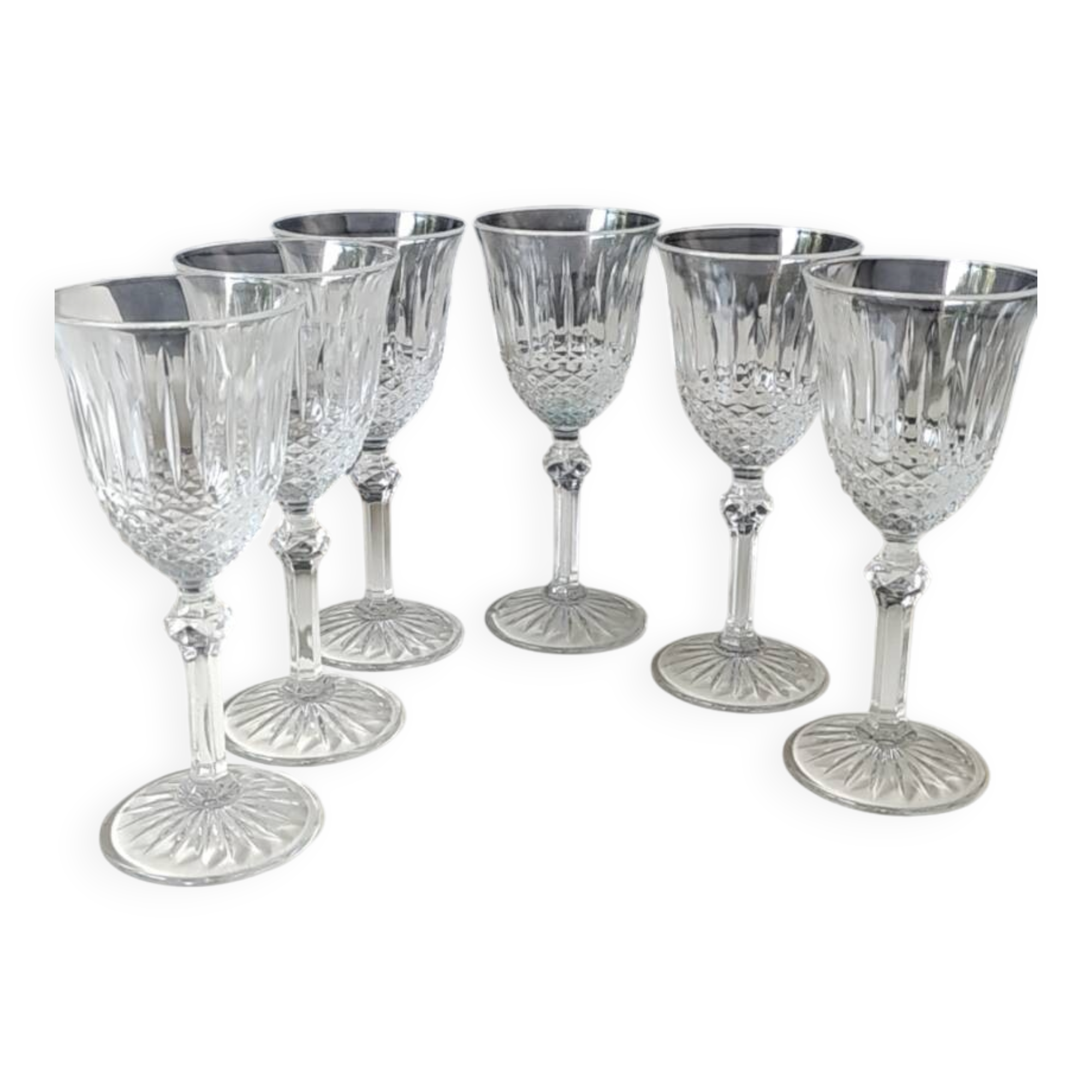 Set of 6 Large Red Wine Glasses. Bohemian Crystal. Diamond-tipped.