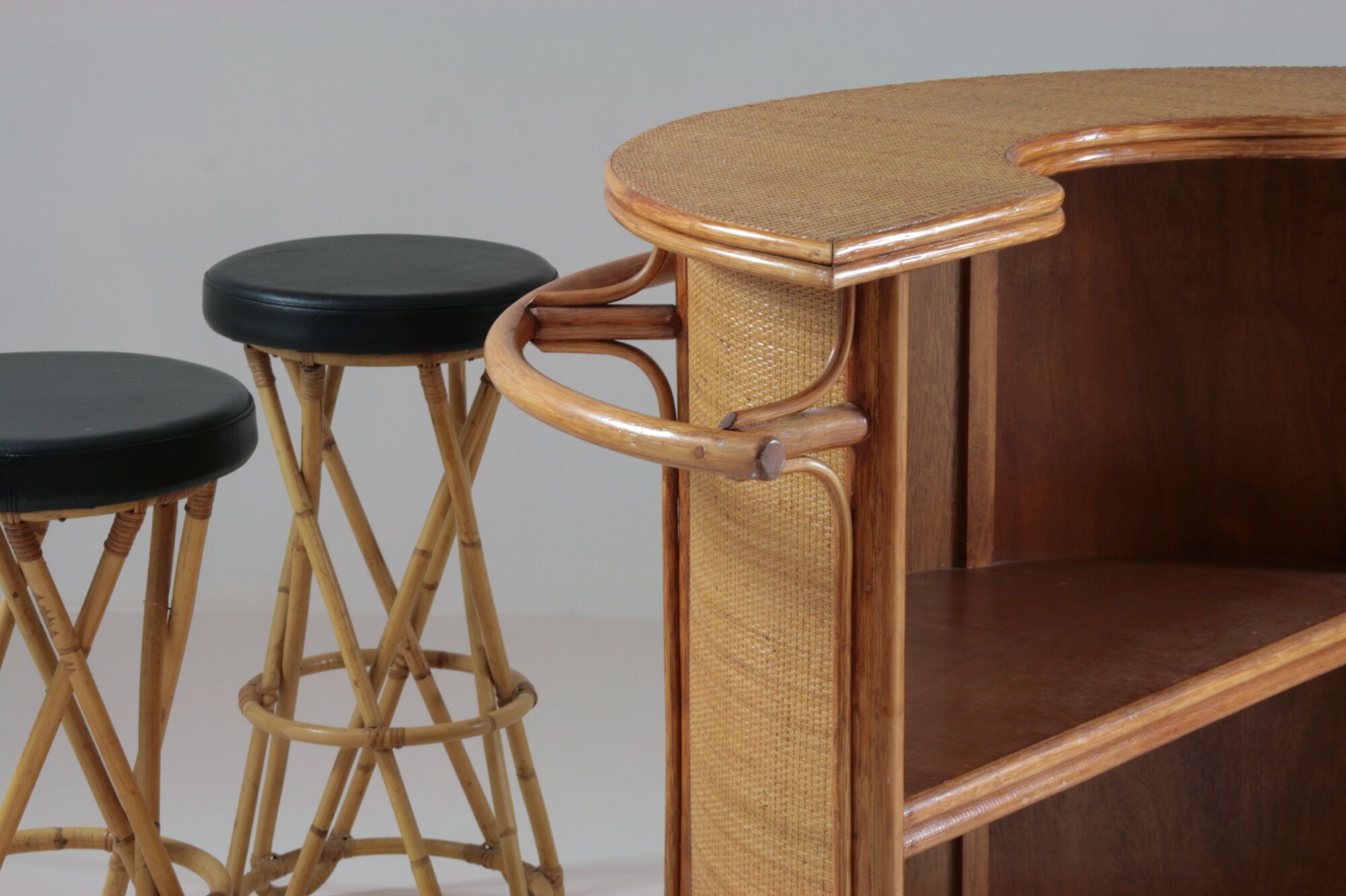 Rattan bar and stools, France 1960s, set of 3