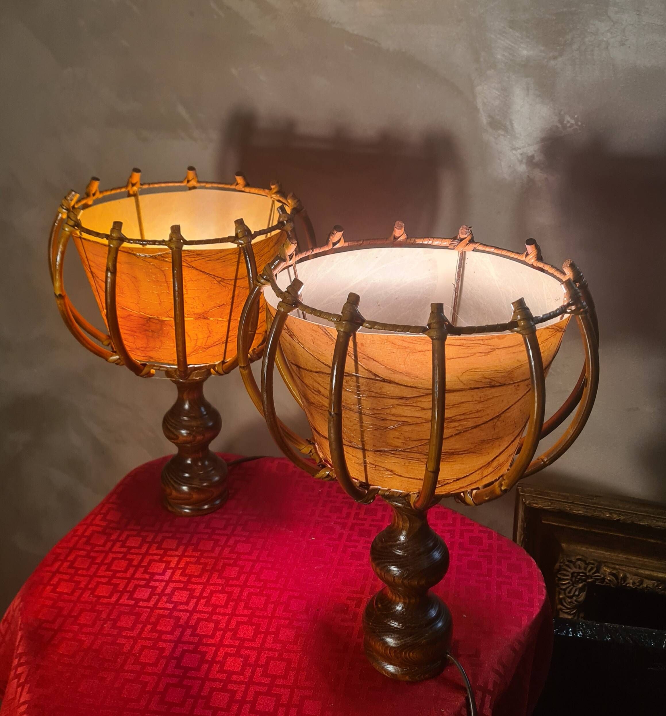 pair of vintage rattan table lamps by Louis Sognot 32x26 - 1950s-60s