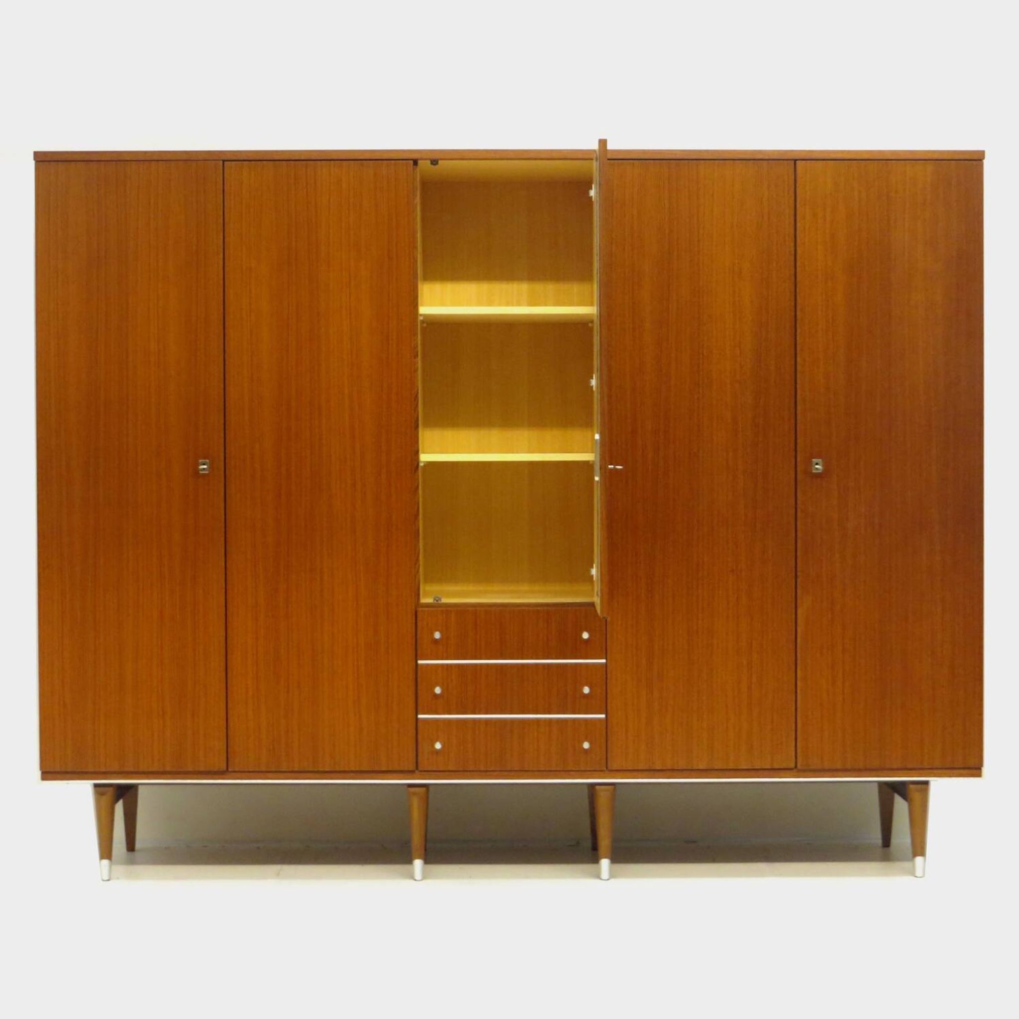 Large vintage mid century 5-door wardrobe with three drawers in teak, 1960s