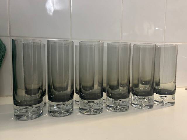 Set of black smoked glasses with large bubbles from the 1970s.