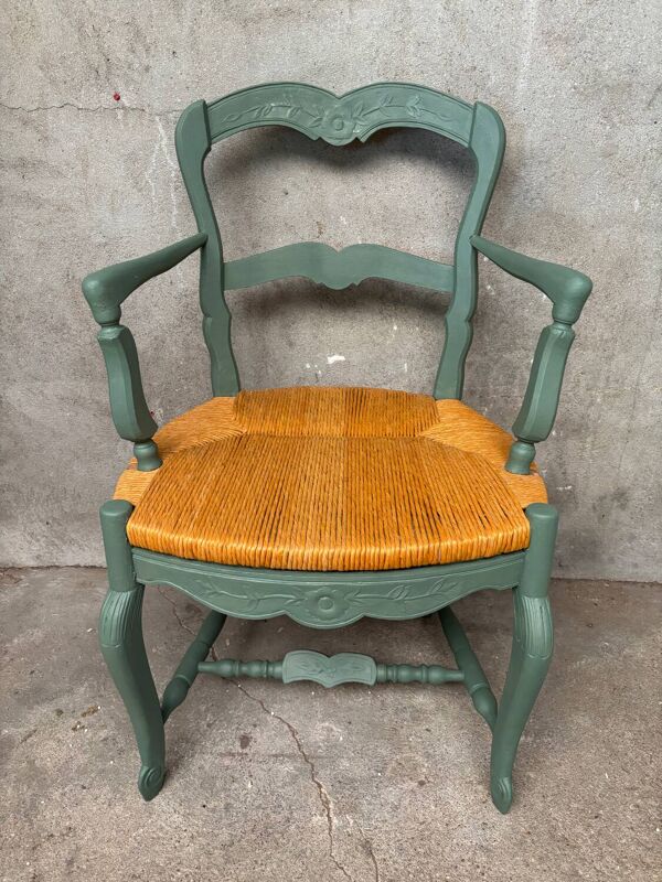 Fauteuil de campagne en paille, vert, parfait état