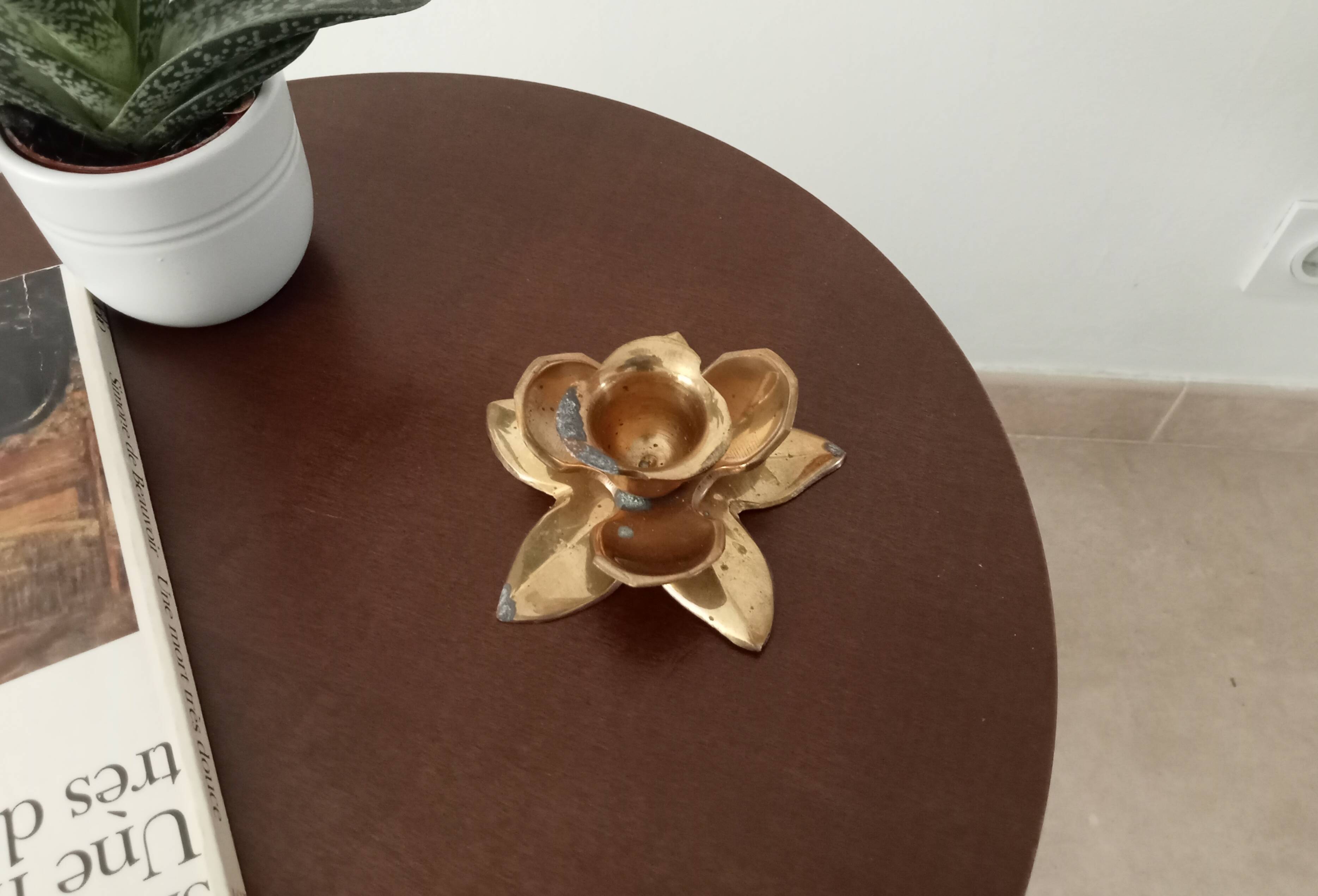 Bougeoir fleur vintage en laiton doré