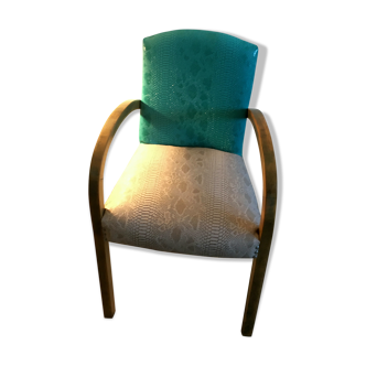 Fauteuil bridge rénové, skaï sable et turquoise
