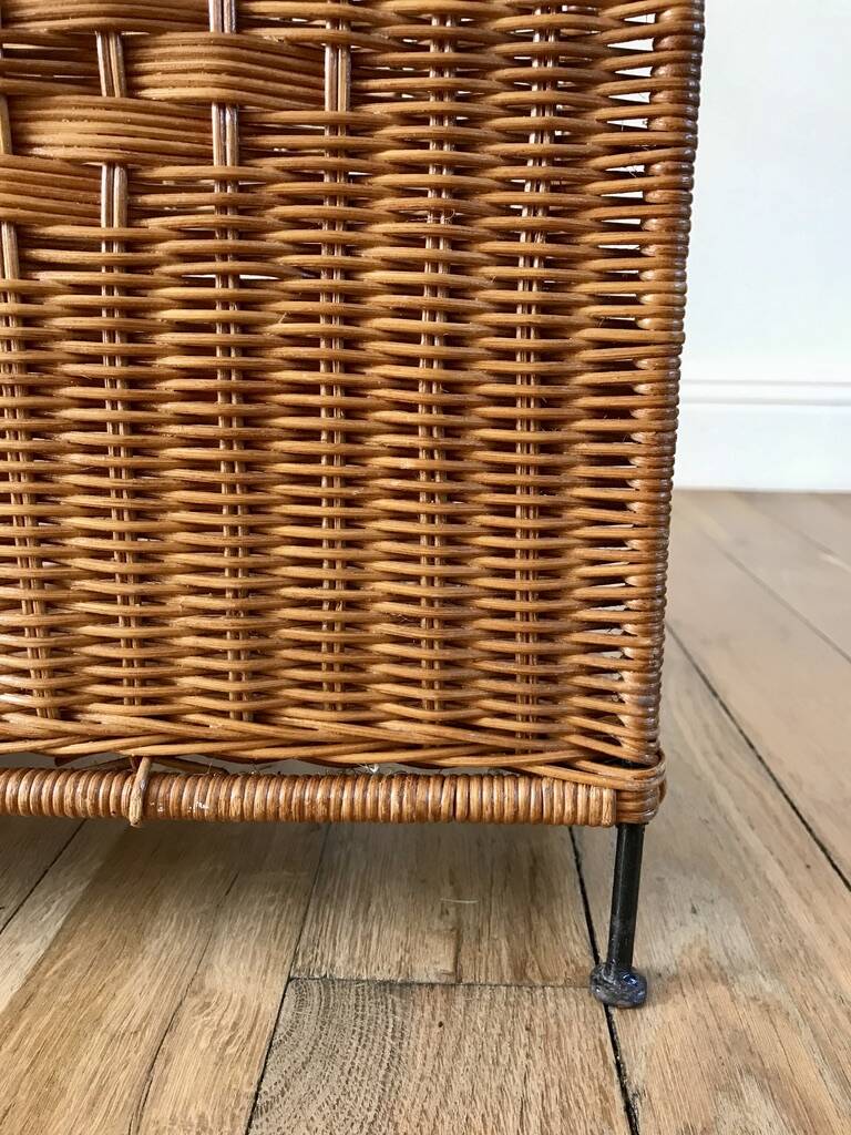 large wicker / rattan and black iron magazine rack from the 70s