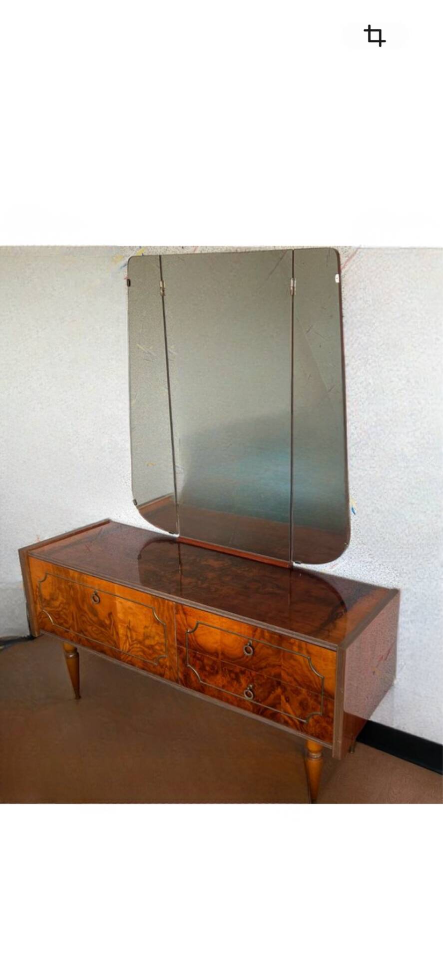 Coiffeuse ronce de noyer, triple miroir & laiton -Regency/ Art Déco