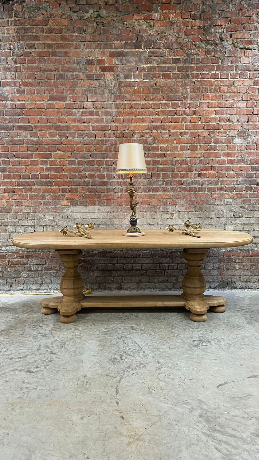 Massive oval monastery table made of bleached oak with turned legs