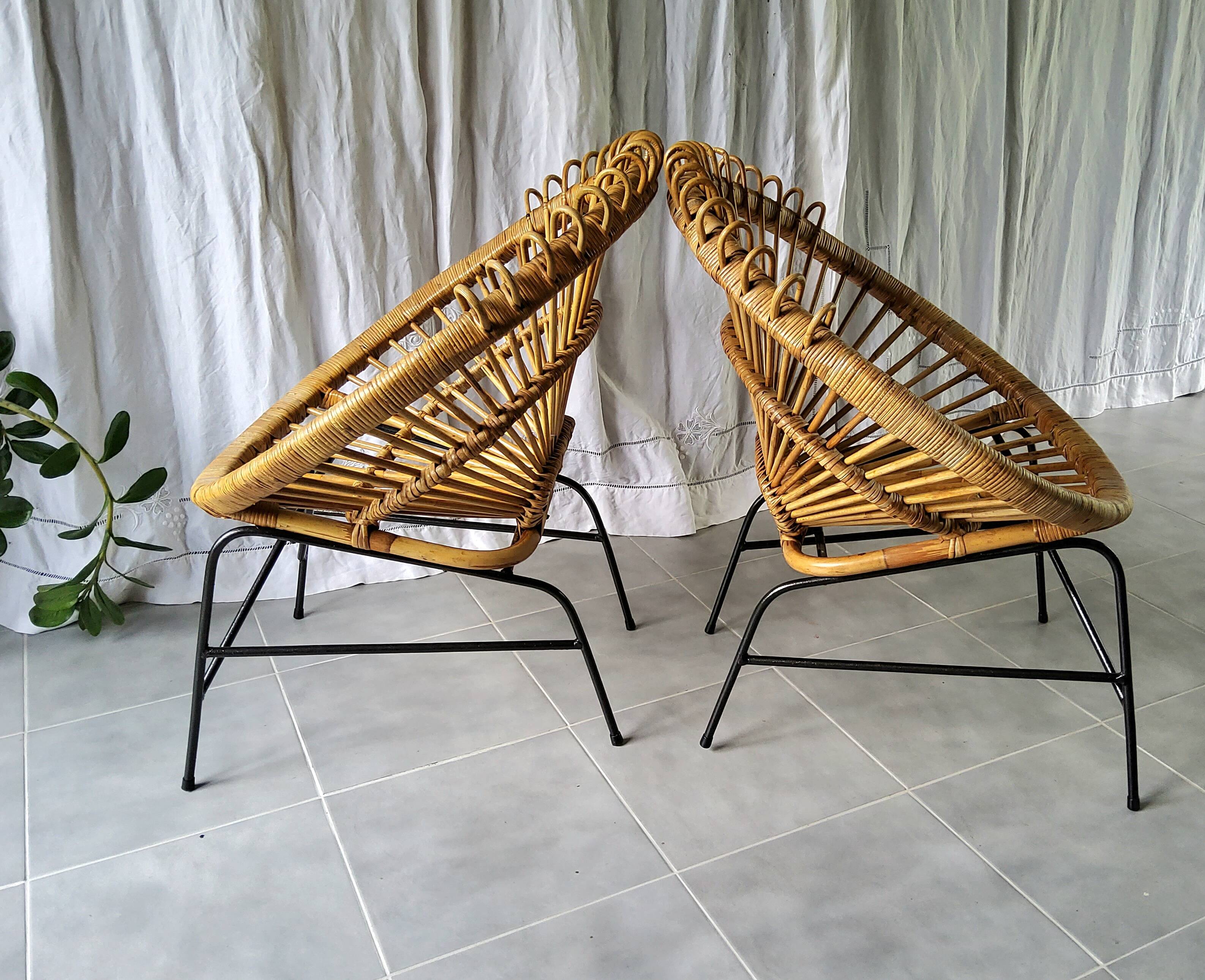 Pair of 60s rattan armchairs
